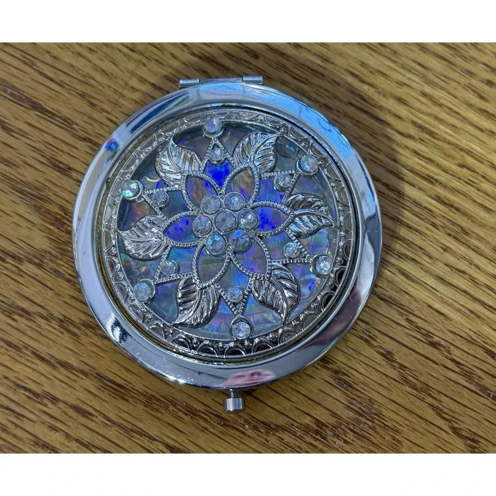 Compact Retro Mirror Silver Tone Bejeweled‎ 2.75